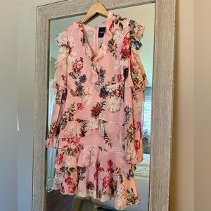 NICHOLAS Pink Floral Long Sleeve Ruffle Cold Shoulder 100% Silk Dress Size 2 XS